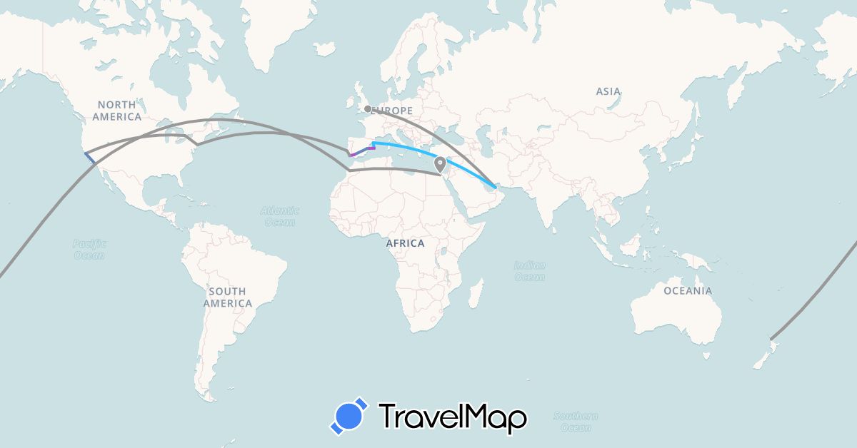TravelMap itinerary: plane, cycling, train, boat in United Arab Emirates, Canada, Egypt, Spain, United Kingdom, Morocco, New Zealand, Portugal, United States (Africa, Asia, Europe, North America, Oceania)